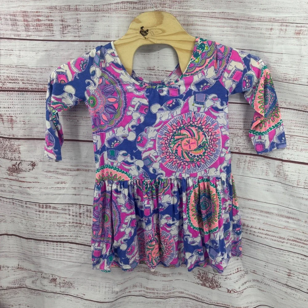 Lilly Pulitzer Dress Girls XL 12-14 Blue Pink Elephant Mandala Cotton Knit Dress